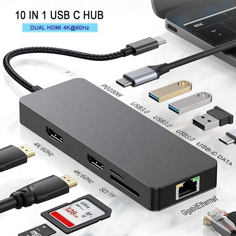 10 در 1 هاب USB C به دو HDMI 4K 60Hz آداپتور Dock با USB 3.0 اترنت RJ45 1000Mbps