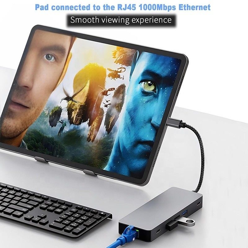 10 در 1 هاب USB C به دو HDMI 4K 60Hz آداپتور Dock با USB 3.0 اترنت RJ45 1000Mbps