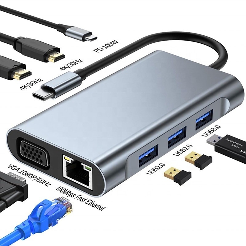 Multi Function 8-In-1 USB-C USB C Docking Station با دو پورت 4K HDMI و 2 پورت HDMI خاکستری