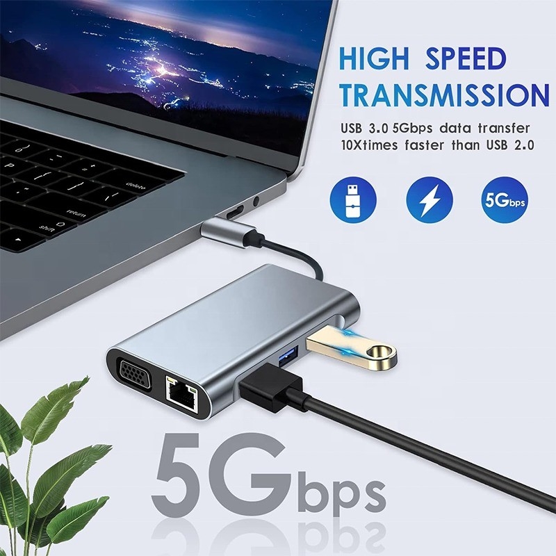 Multi Function 8-In-1 USB-C USB C Docking Station با دو پورت 4K HDMI و 2 پورت HDMI خاکستری
