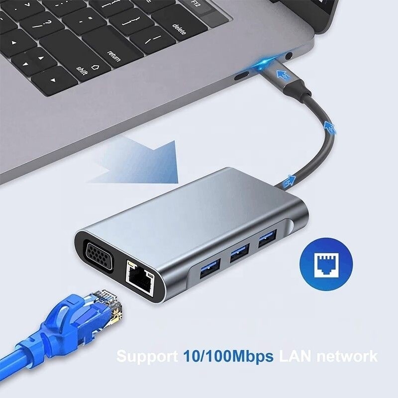 Multi Function 8-In-1 USB-C USB C Docking Station با دو پورت 4K HDMI و 2 پورت HDMI خاکستری