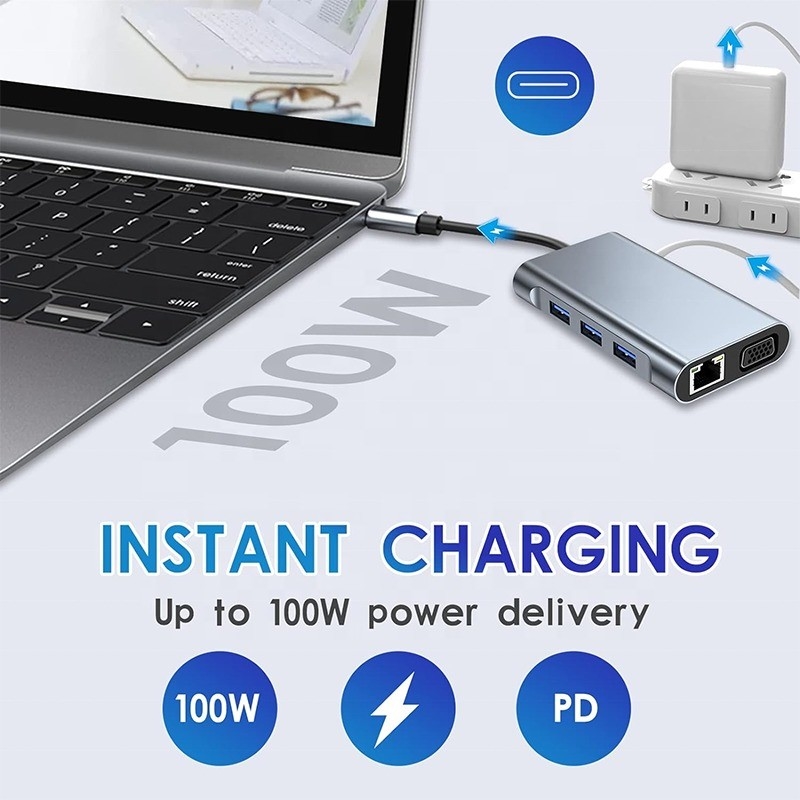 Multi Function 8-In-1 USB-C USB C Docking Station با دو پورت 4K HDMI و 2 پورت HDMI خاکستری
