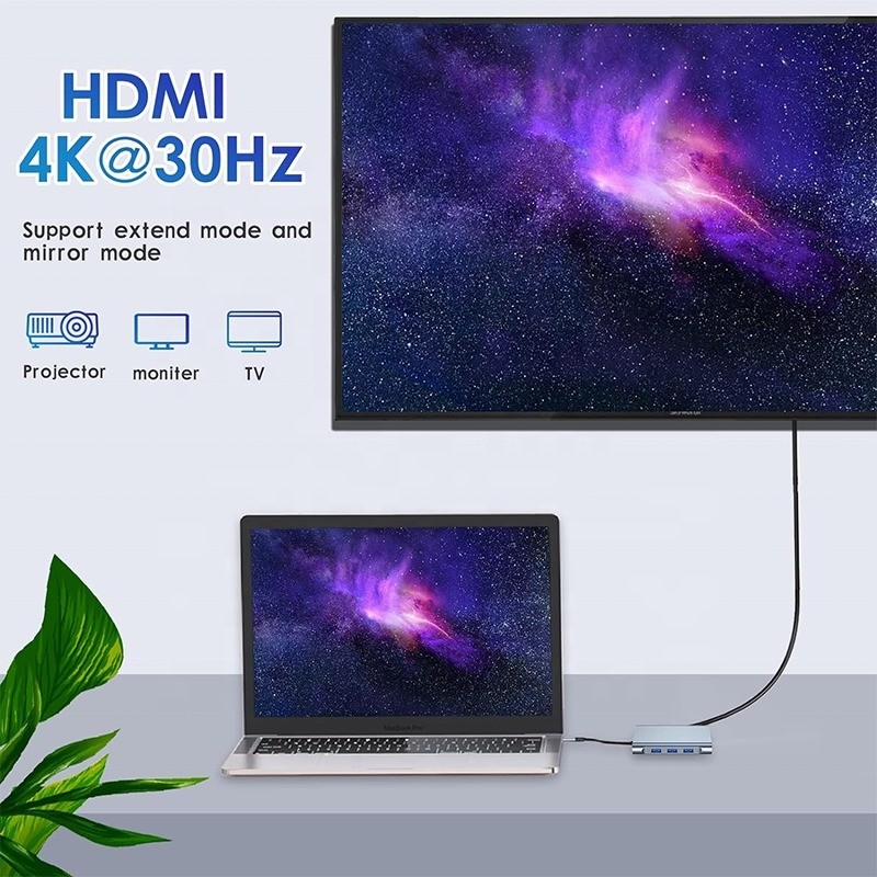 Multi Function 8-In-1 USB-C USB C Docking Station با دو پورت 4K HDMI و 2 پورت HDMI خاکستری