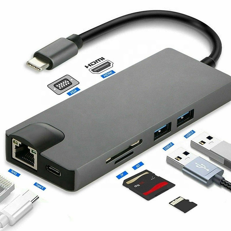 8-در-1 هاب USB C Type-C Type C 3.1 تا 4K HDMI HDTV RJ45 Lan Ethernet PD USB3.0 هاب آداپتور