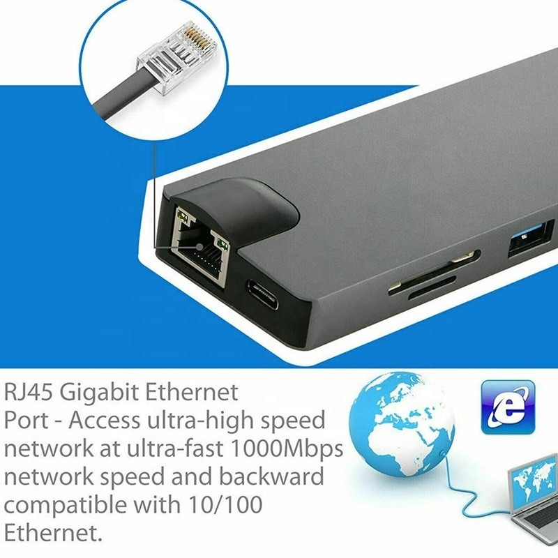 8-در-1 هاب USB C Type-C Type C 3.1 تا 4K HDMI HDTV RJ45 Lan Ethernet PD USB3.0 هاب آداپتور