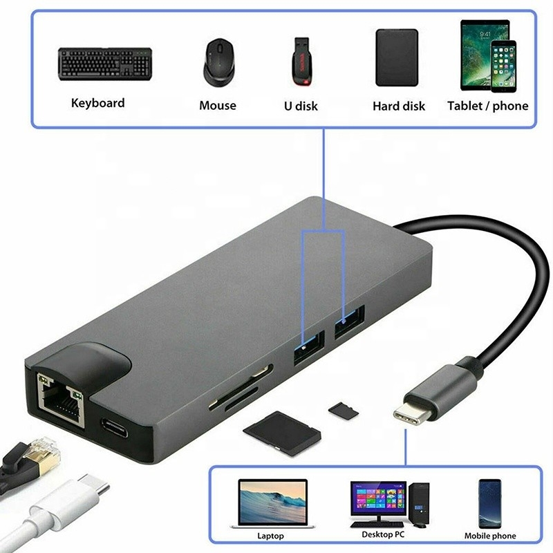 8-در-1 هاب USB C Type-C Type C 3.1 تا 4K HDMI HDTV RJ45 Lan Ethernet PD USB3.0 هاب آداپتور