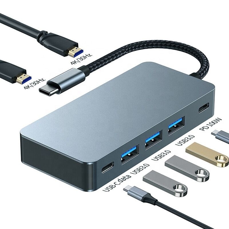 4K 30Hz دو HDMI USB 3.0 آداپتور ایستگاه اتصال 7 در 1 Multiport USB C Type C Hub