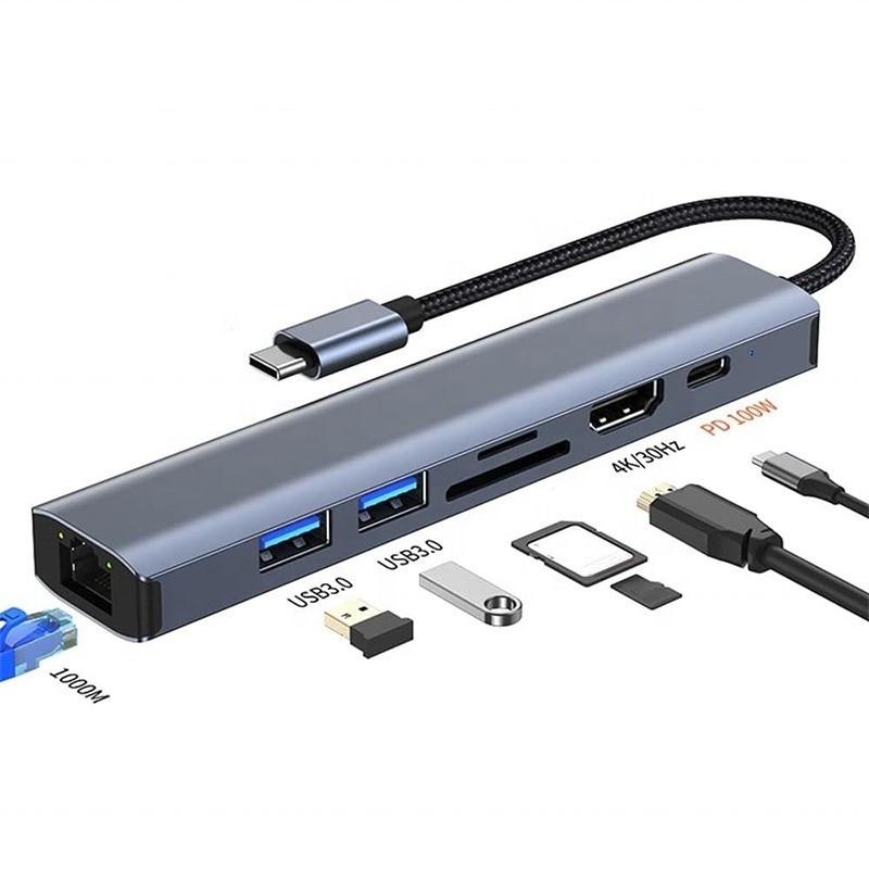 خاکستری 7 در 1 USB C Type C Hub با 1000M RJ45 گیگابیت اترنت 4K HDMI PD 100W آداپتور
