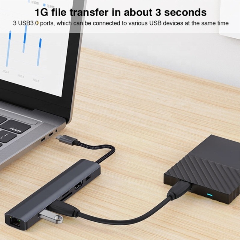 خاکستری 7 در 1 USB C Type C Hub با 1000M RJ45 گیگابیت اترنت 4K HDMI PD 100W آداپتور