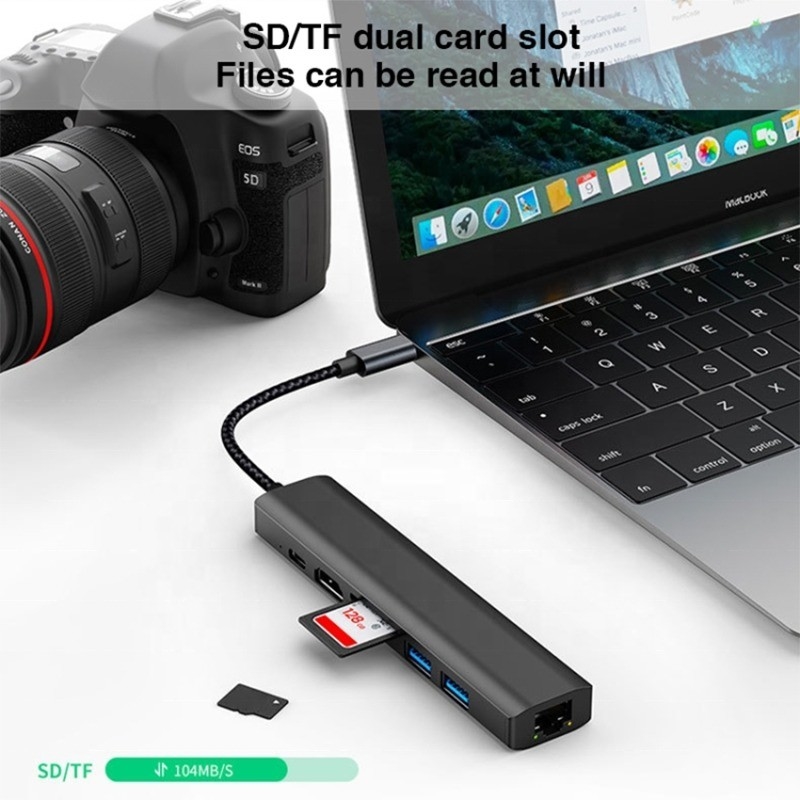 خاکستری 7 در 1 USB C Type C Hub با 1000M RJ45 گیگابیت اترنت 4K HDMI PD 100W آداپتور