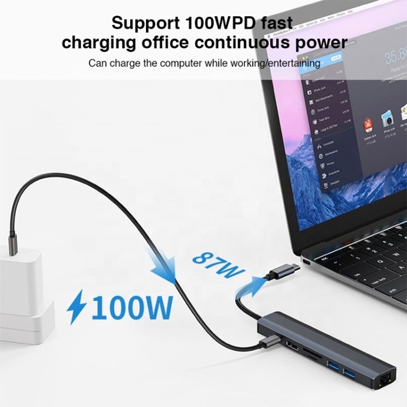 خاکستری 7 در 1 USB C Type C Hub با 1000M RJ45 گیگابیت اترنت 4K HDMI PD 100W آداپتور