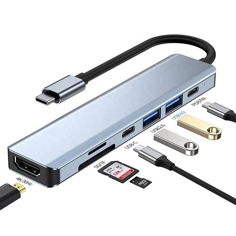 خاکستری 7 در 1 USB C به HDMI هاب هاب با خواننده کارت SD TF SD / TF