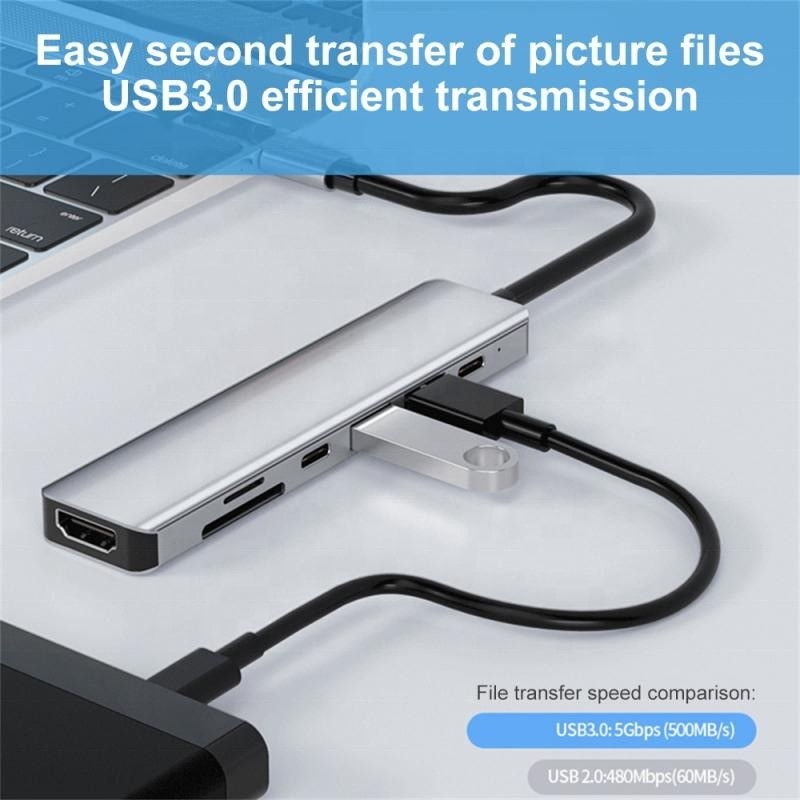 خاکستری 7 در 1 USB C به HDMI هاب هاب با خواننده کارت SD TF SD / TF