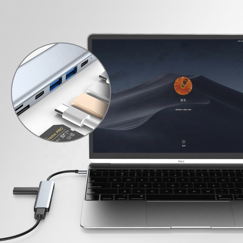 خاکستری 7 در 1 USB C به HDMI هاب هاب با خواننده کارت SD TF SD / TF