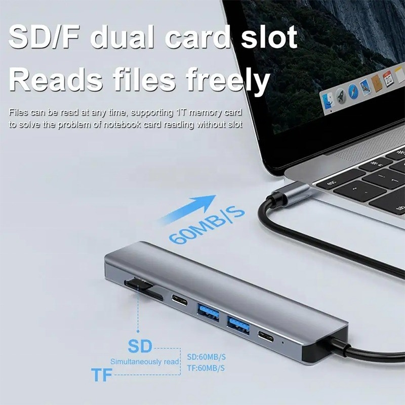 خاکستری 7 در 1 USB C به HDMI هاب هاب با خواننده کارت SD TF SD / TF