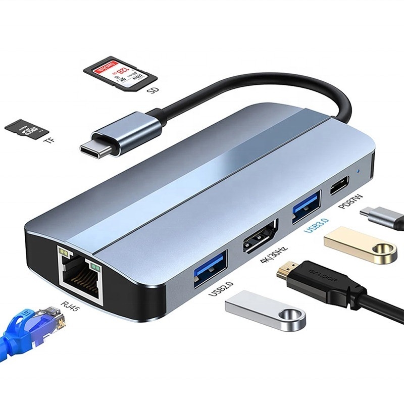 7 در 1 USB C USB-C Hub برای مک بوک خاکستری HDMI USB 3.0 USB2.0 RJ45 SD / TF کارت خوان PD خروجی