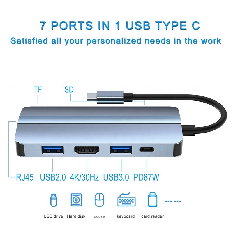 7 در 1 USB C USB-C Hub برای مک بوک خاکستری HDMI USB 3.0 USB2.0 RJ45 SD / TF کارت خوان PD خروجی