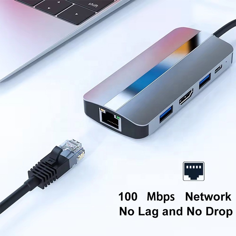 7 در 1 USB C USB-C Hub برای مک بوک خاکستری HDMI USB 3.0 USB2.0 RJ45 SD / TF کارت خوان PD خروجی