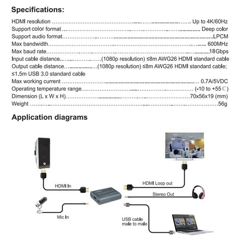 کارت ضبط ویدیوی حرفه ای 4K 60Hz HDMI به USB3.0 با خروجی صوتی و USB 3.0