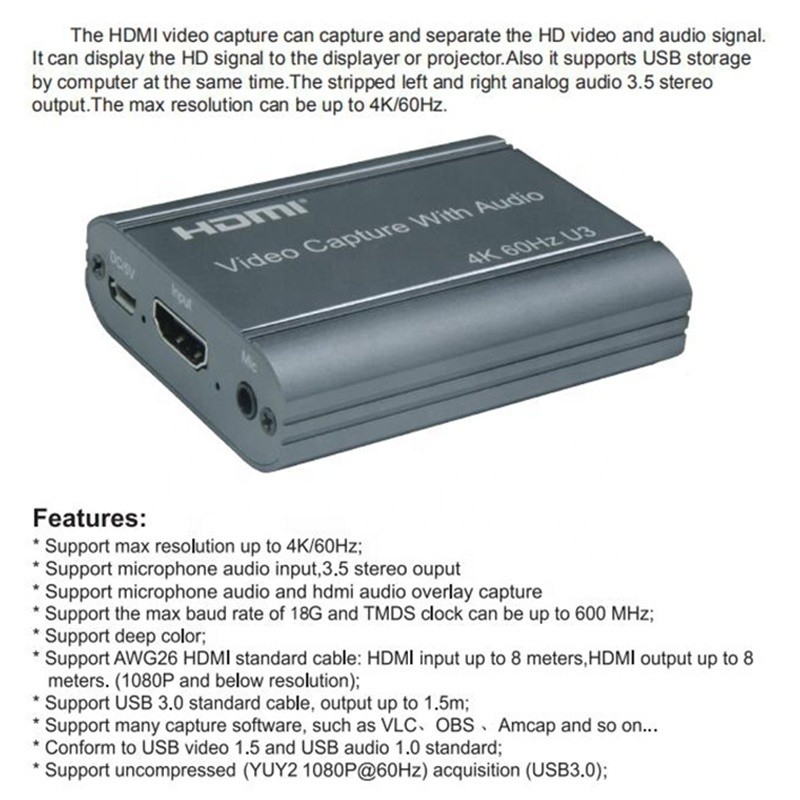 کارت ضبط ویدیوی حرفه ای 4K 60Hz HDMI به USB3.0 با خروجی صوتی و USB 3.0