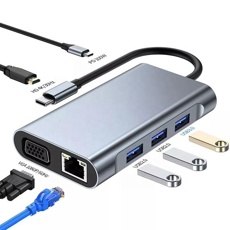 11 در 1 هاب USB-C نوع C به HDMI USB3.0 USB2.0 SD TF هاب آداپتور با کارت خوان