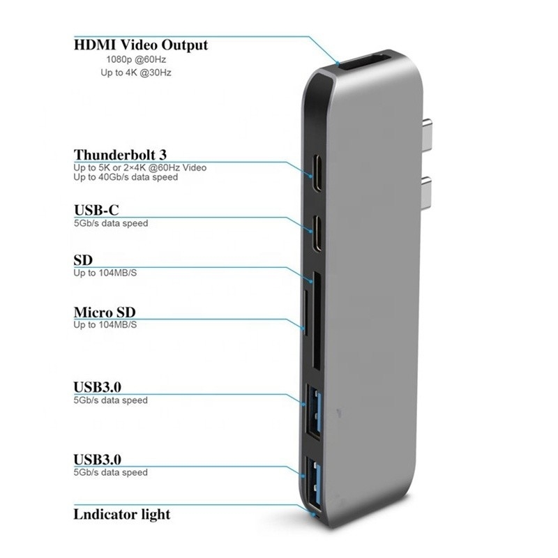 آداپتور هاب 6 در 1 نوع C با خروجی SD / TF 2 * USB3.0 2 * USB-C