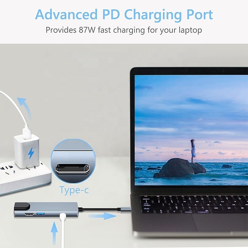 ایستگاه اتصال USB C PD خاکستری برای عملکرد شارژ لپ تاپ انتقال داده و خروجی ویدئو