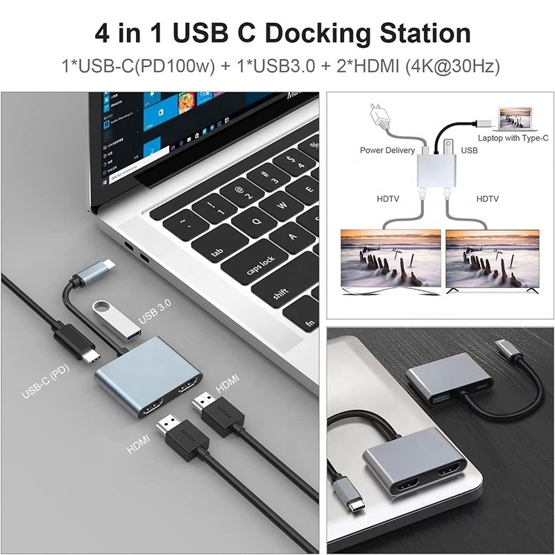 4-در-1 USB C به دو 4K HDMI MST آداپتور برای شارژ انتقال داده و خروجی ویدیو
