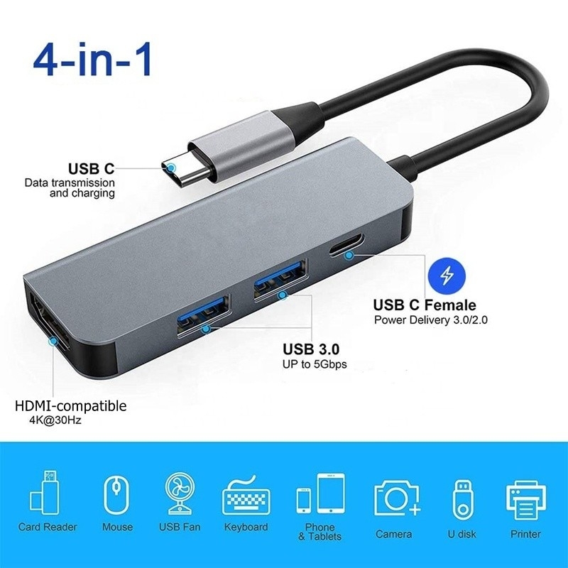 4K HDMI سازگار نوع C به USB C هاب آداپتور با 2 USB3.0 و PD پورت شارژ
