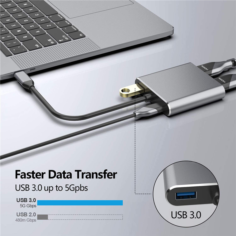 ایستگاه اتصال 4 در 1 با 2 پورت دوگانه 4K HDMI و USB-C Type-C به دو آداپتور HDMI