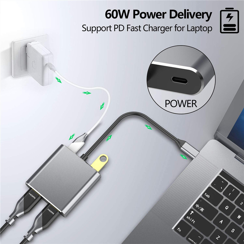 ایستگاه اتصال 4 در 1 با 2 پورت دوگانه 4K HDMI و USB-C Type-C به دو آداپتور HDMI