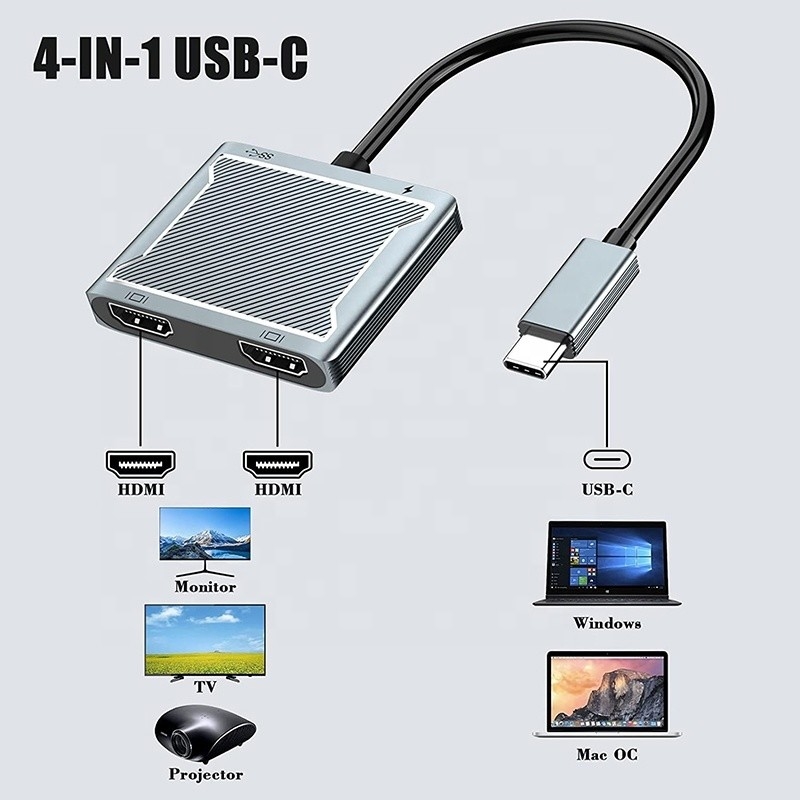 USB C Type C Interface Connector دو HDMI Adapter 4K 4 در 1 USB 3.0 هاب برای لپ تاپ