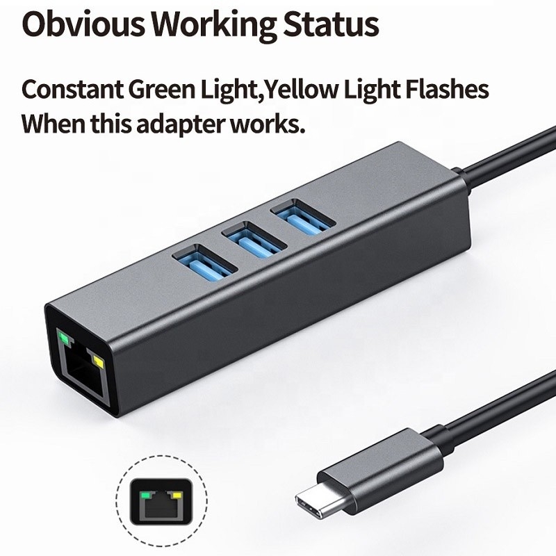 USB 3.1 نوع C تا 9 پورت USB3.0 هاب با گگابیت اترنت RJ45 LAN Port Adapter خاکستری