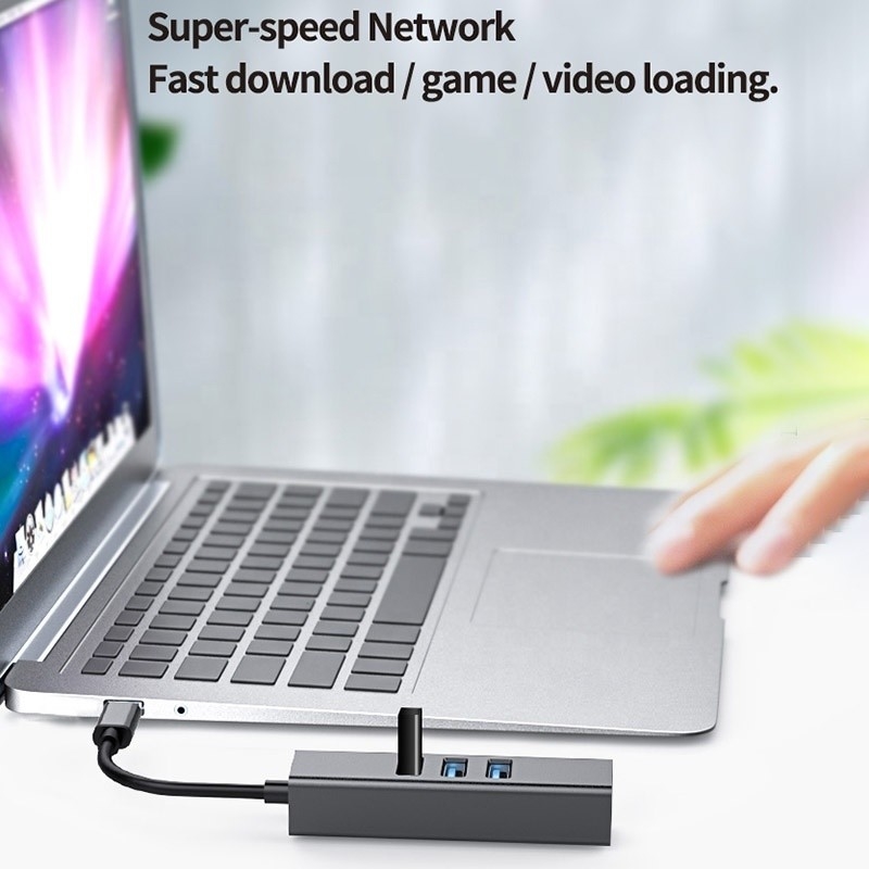 USB 3.1 نوع C تا 9 پورت USB3.0 هاب با گگابیت اترنت RJ45 LAN Port Adapter خاکستری