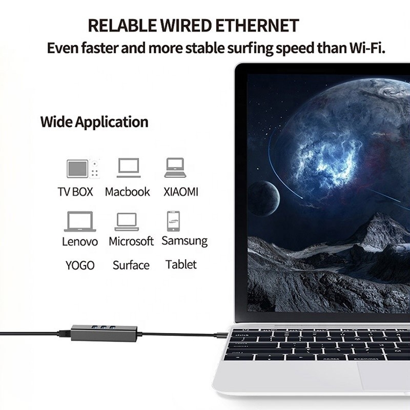 USB 3.1 نوع C تا 9 پورت USB3.0 هاب با گگابیت اترنت RJ45 LAN Port Adapter خاکستری