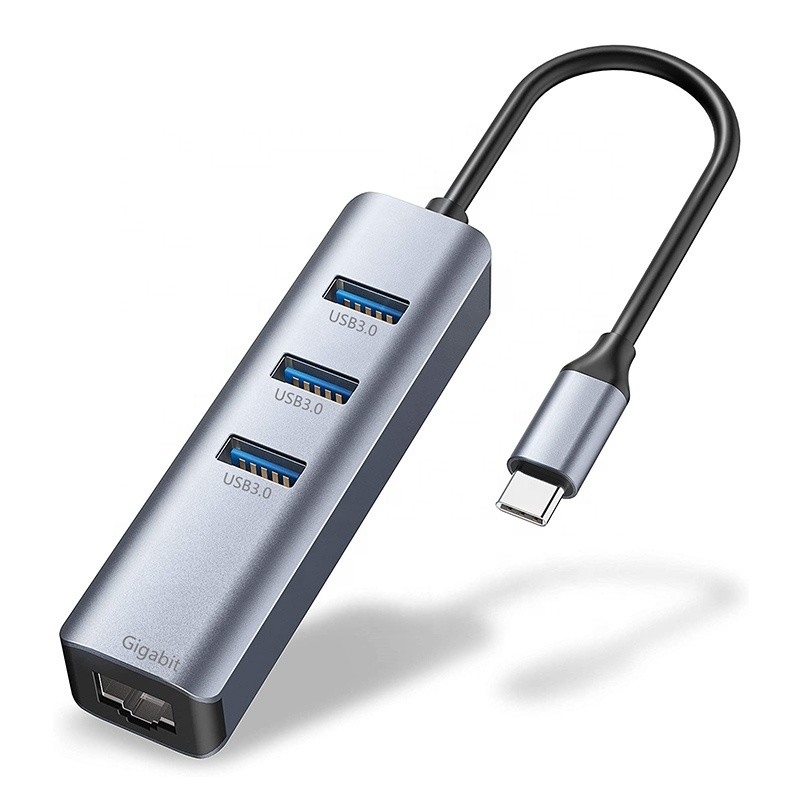 رابط USB 3.1 نوع C تا 9 پورت USB A 3.0 آداپتور با کارت شبکه ایثانت Gigabit RJ45 خاکستری