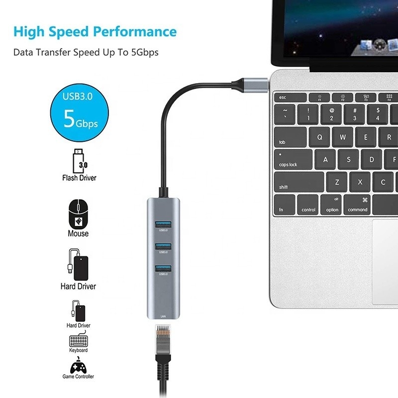رابط USB 3.1 نوع C تا 9 پورت USB A 3.0 آداپتور با کارت شبکه ایثانت Gigabit RJ45 خاکستری