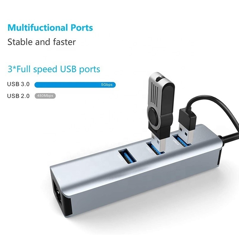 رابط USB 3.1 نوع C تا 9 پورت USB A 3.0 آداپتور با کارت شبکه ایثانت Gigabit RJ45 خاکستری