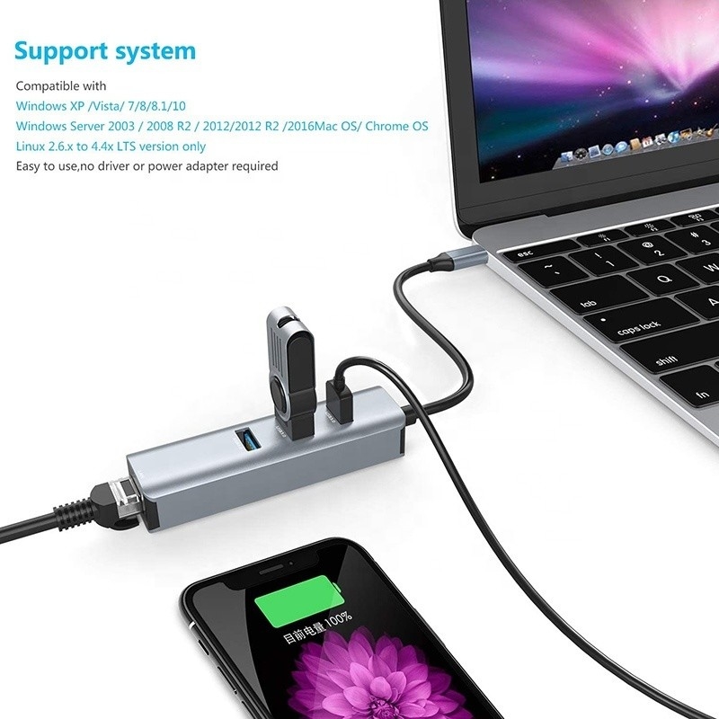 رابط USB 3.1 نوع C تا 9 پورت USB A 3.0 آداپتور با کارت شبکه ایثانت Gigabit RJ45 خاکستری