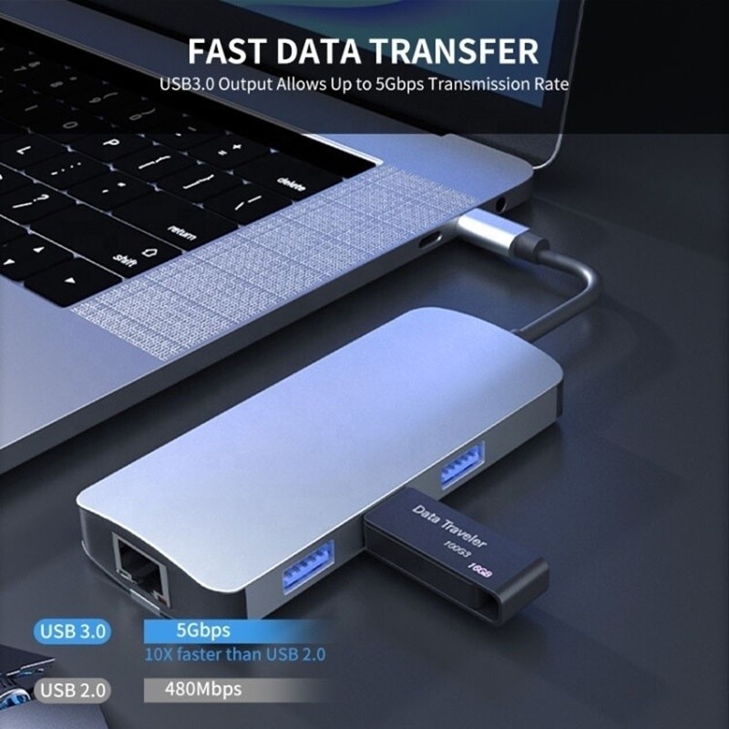 6 در 1 USB A Hub 4K HDMI USB3.0 RJ45 1000Mbps آداپتور شارژ PD