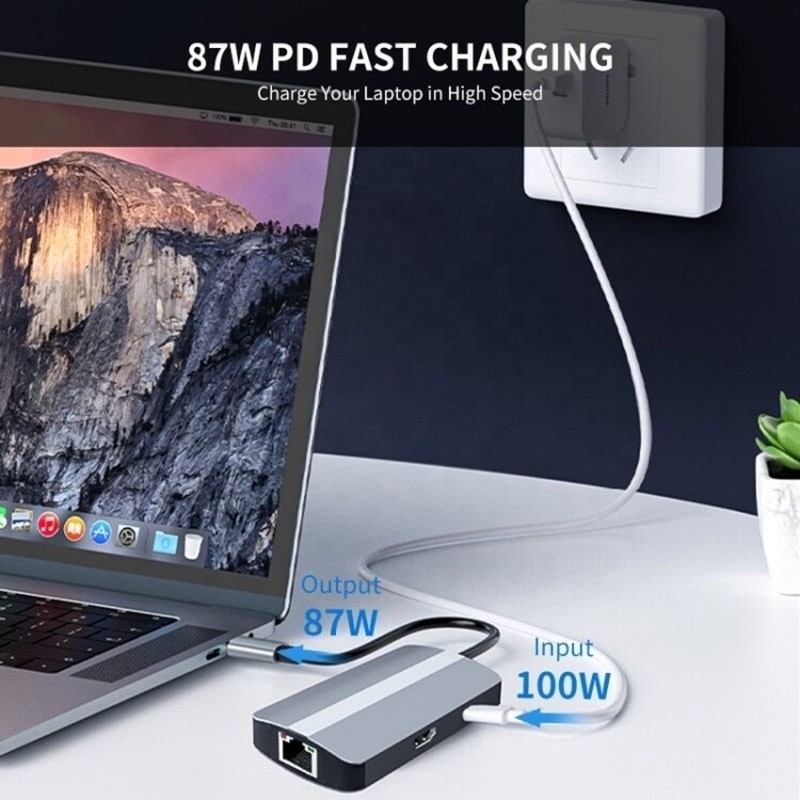 6 در 1 USB A Hub 4K HDMI USB3.0 RJ45 1000Mbps آداپتور شارژ PD