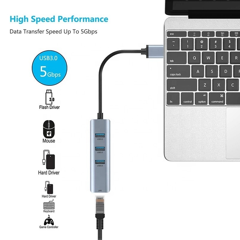 USB 3.0 به 6 پورت USB هاب و 1000Mbps ادیپتر اترنت برای سازگاری مرد و زن