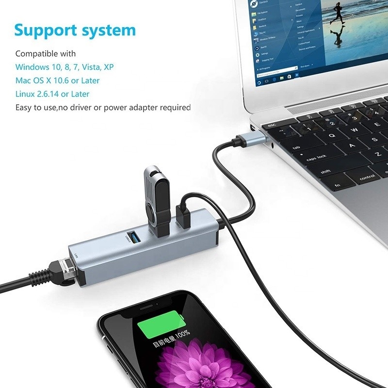USB 3.0 به 6 پورت USB هاب و 1000Mbps ادیپتر اترنت برای سازگاری مرد و زن