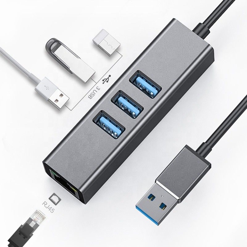 هاب USB3.0 خاکستری و آداپتور LAN RJ45 با 3 پورت USB کارت شبکه گیگابیت اترنت