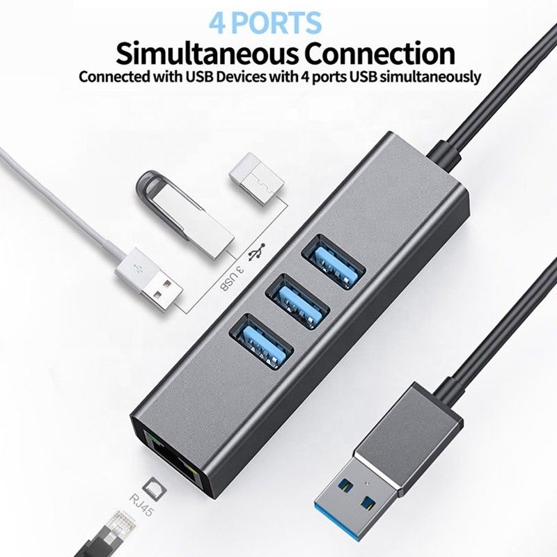 هاب USB3.0 خاکستری و آداپتور LAN RJ45 با 3 پورت USB کارت شبکه گیگابیت اترنت