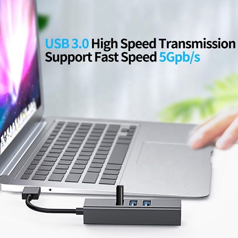 هاب USB3.0 خاکستری و آداپتور LAN RJ45 با 3 پورت USB کارت شبکه گیگابیت اترنت
