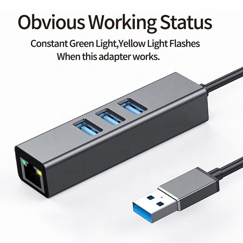 هاب USB3.0 خاکستری و آداپتور LAN RJ45 با 3 پورت USB کارت شبکه گیگابیت اترنت