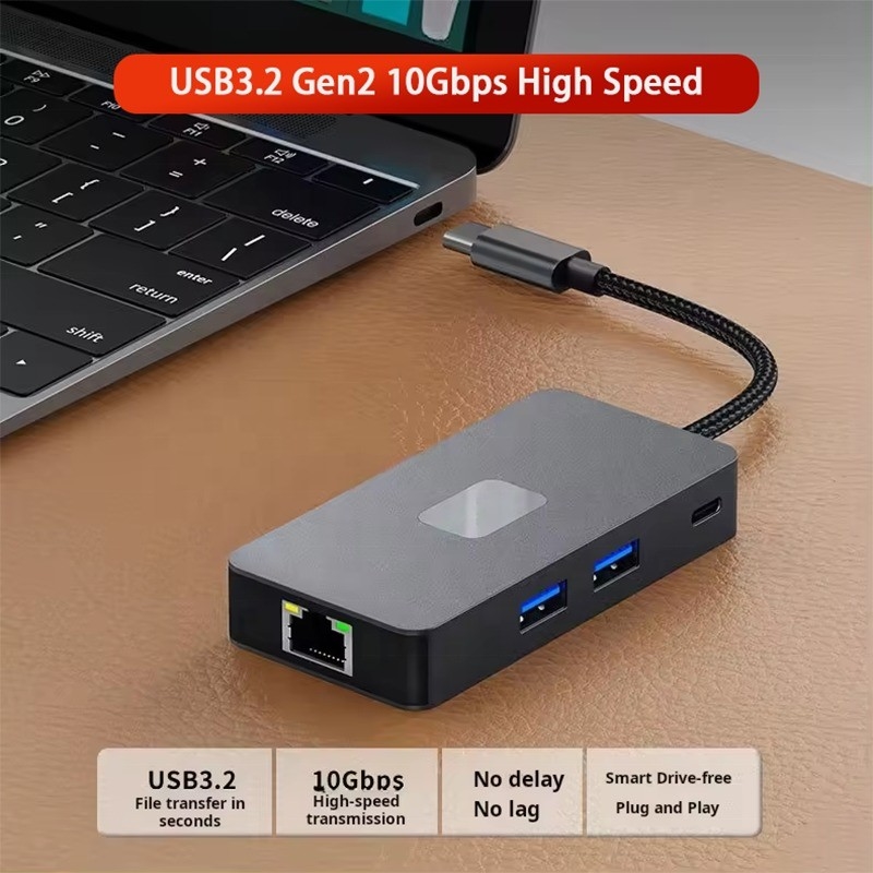 آداپتور چند پورت 8 در 1 USB-C Hub با HDMI 3 USB3.0 RJ45 و خروجی PD 5-8 پورت