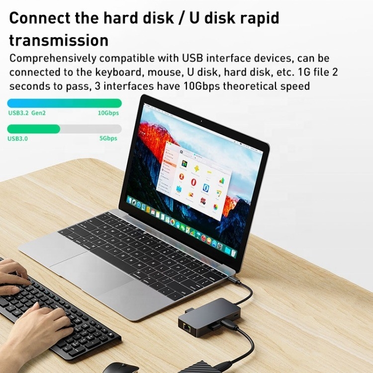 آداپتور چند پورت 8 در 1 USB-C Hub با HDMI 3 USB3.0 RJ45 و خروجی PD 5-8 پورت