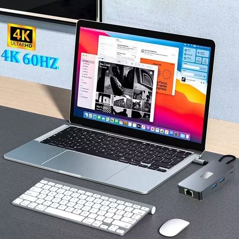 آداپتور چند پورت 8 در 1 USB-C Hub با HDMI 3 USB3.0 RJ45 و خروجی PD 5-8 پورت